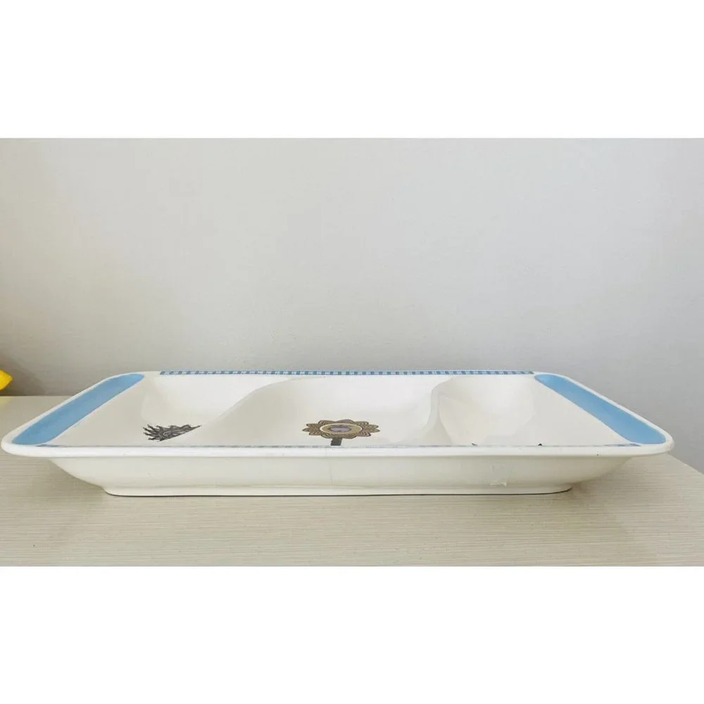 Vintage MCM Divided Tray Platter Blue Ivory Tree Sun Chicken *see flaws In Photo